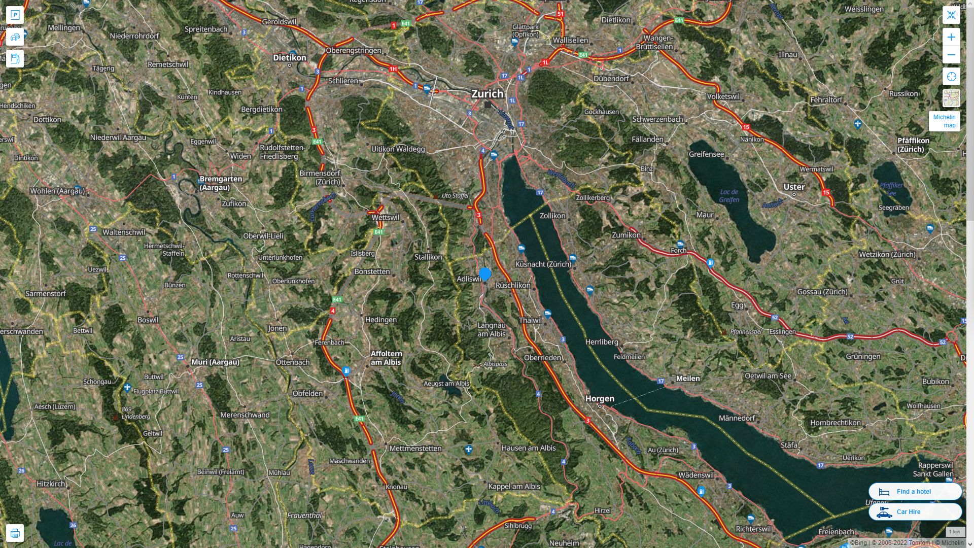 Adliswil Suisse Autoroute et carte routiere avec vue satellite
